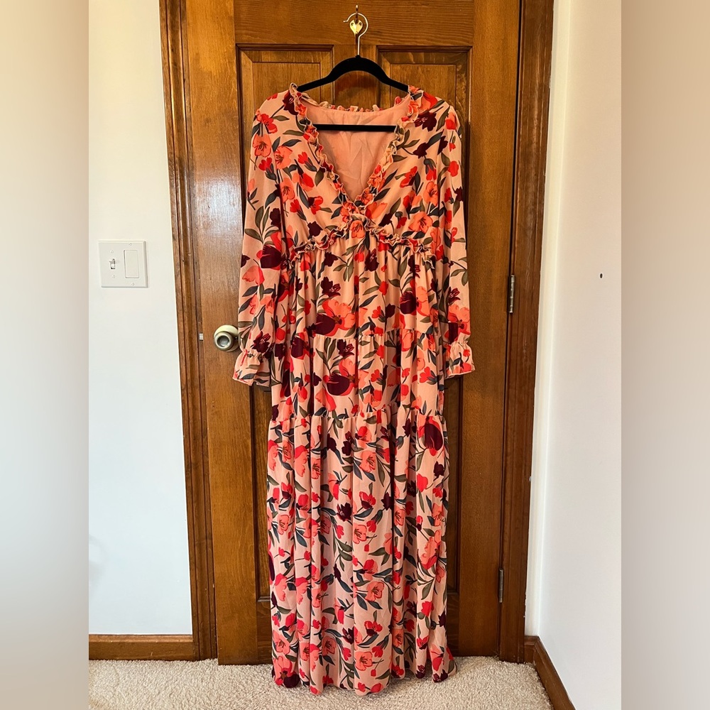 Pink Floral Long Sleeve Maxi Dress Size L